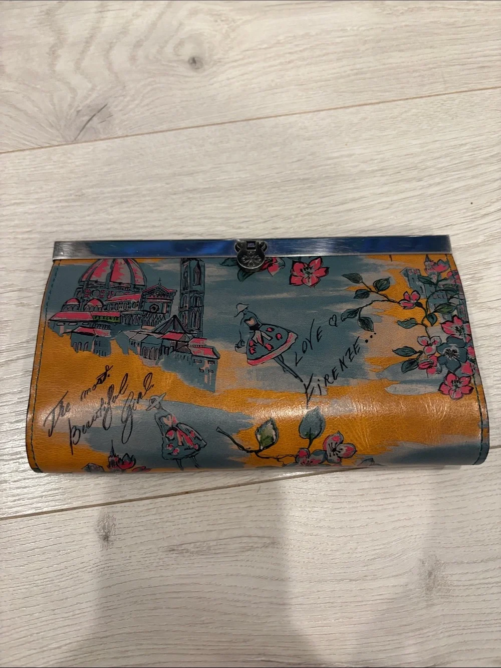 Patricia Nash Yellow Blue Floral Firenze Print Leather Clutch Wallet